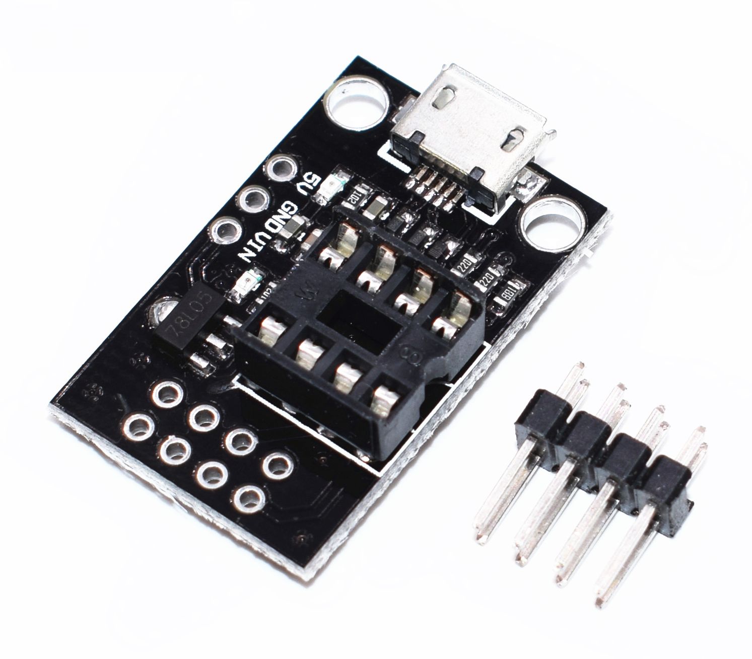 ATmel ATTINY13-25-45-85 AVR Microcontroller programmeer platform bovenkant schuin met header pins